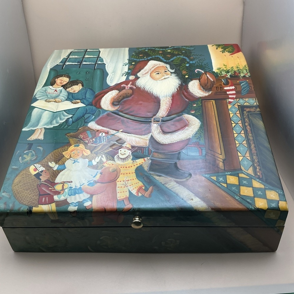 Vintage Style Christmas Santa Claus Wooden Keepsake Box 12x12 Hinged Lid Storage